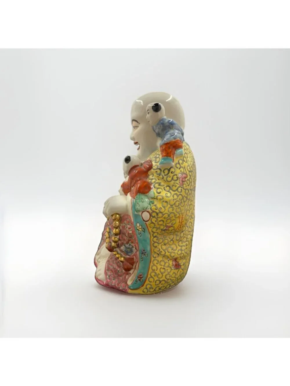 Hand Painted Porcelain Happy Buddha Statue w/ 5 Children Made in Hong Kong